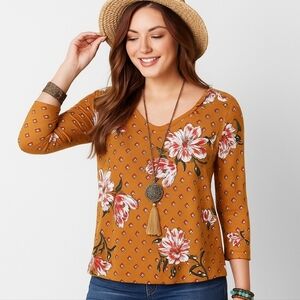 Daytrip Mustard Floral Geometric Split Back Top XL NWT Buckle Boho